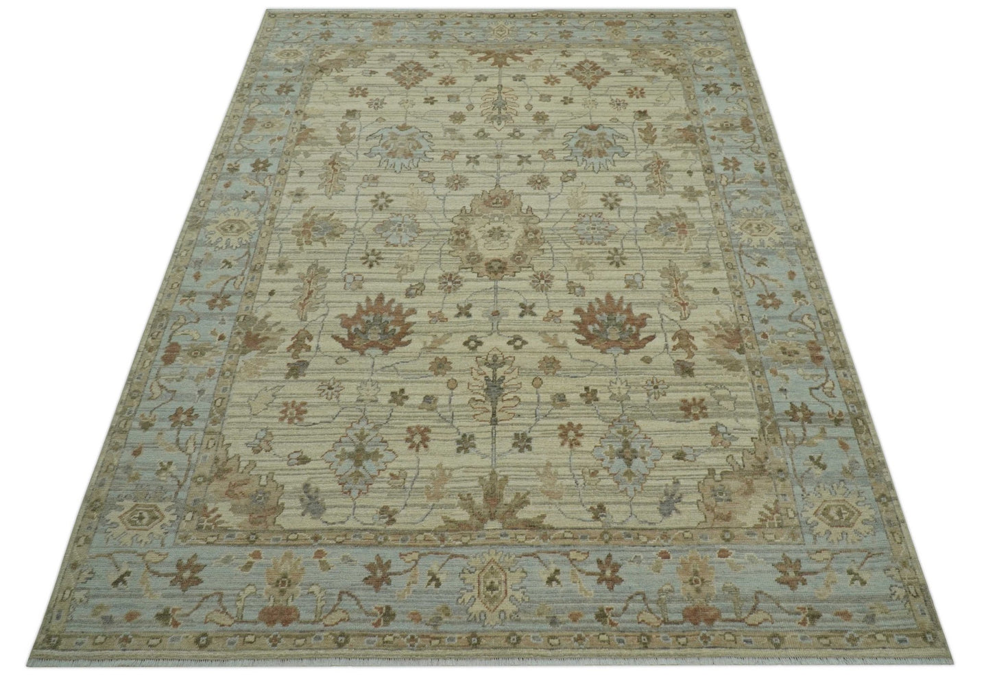 Traditional Oushak Beige, Brown And Blue 8X10 Hand Knotted wool rug - The Rug Decor