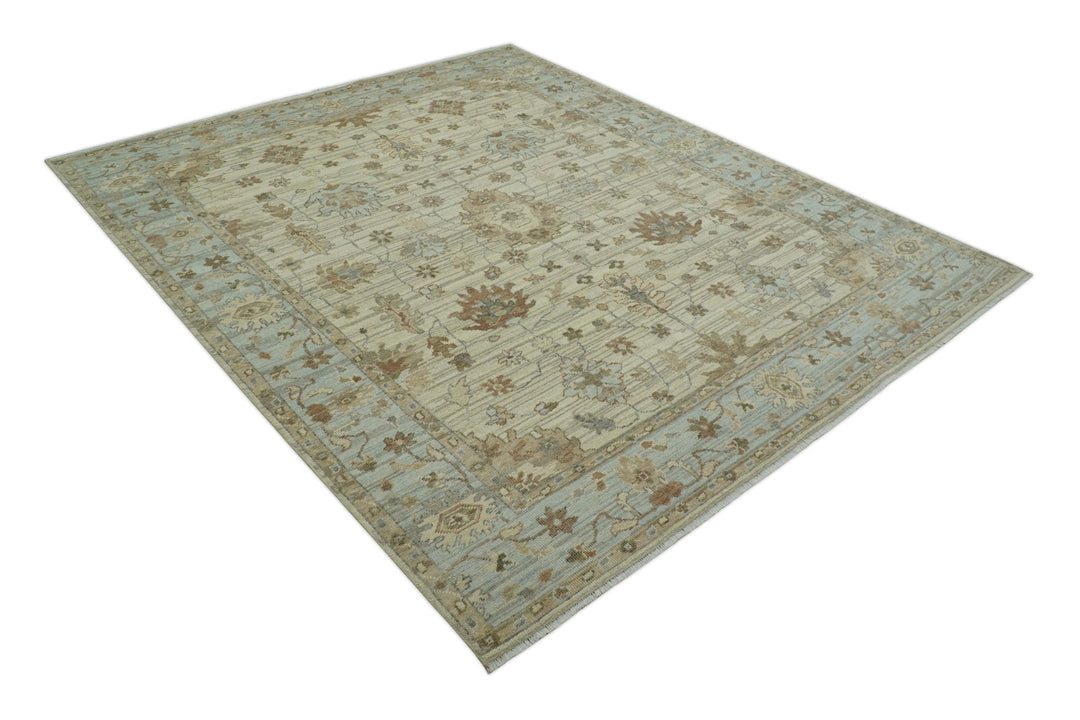 Traditional Oushak Beige, Brown And Blue Hand Knotted Custom Made Wool rug - The Rug Decor