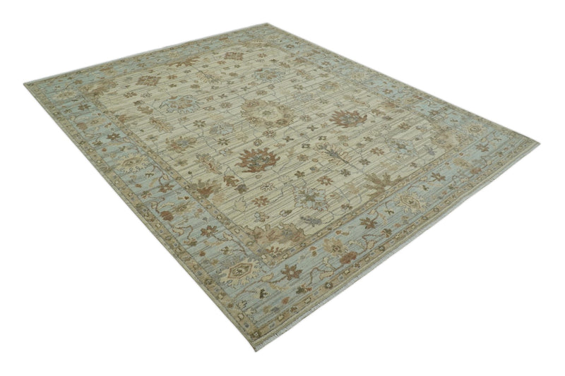 Traditional Oushak Beige, Brown And Blue Hand Knotted Custom Made Wool rug - The Rug Decor