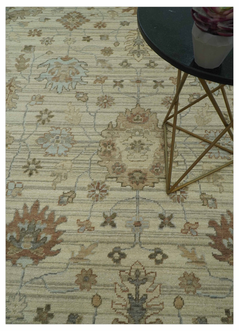 Traditional Oushak Beige, Brown And Blue Hand Knotted Custom Made Wool rug - The Rug Decor