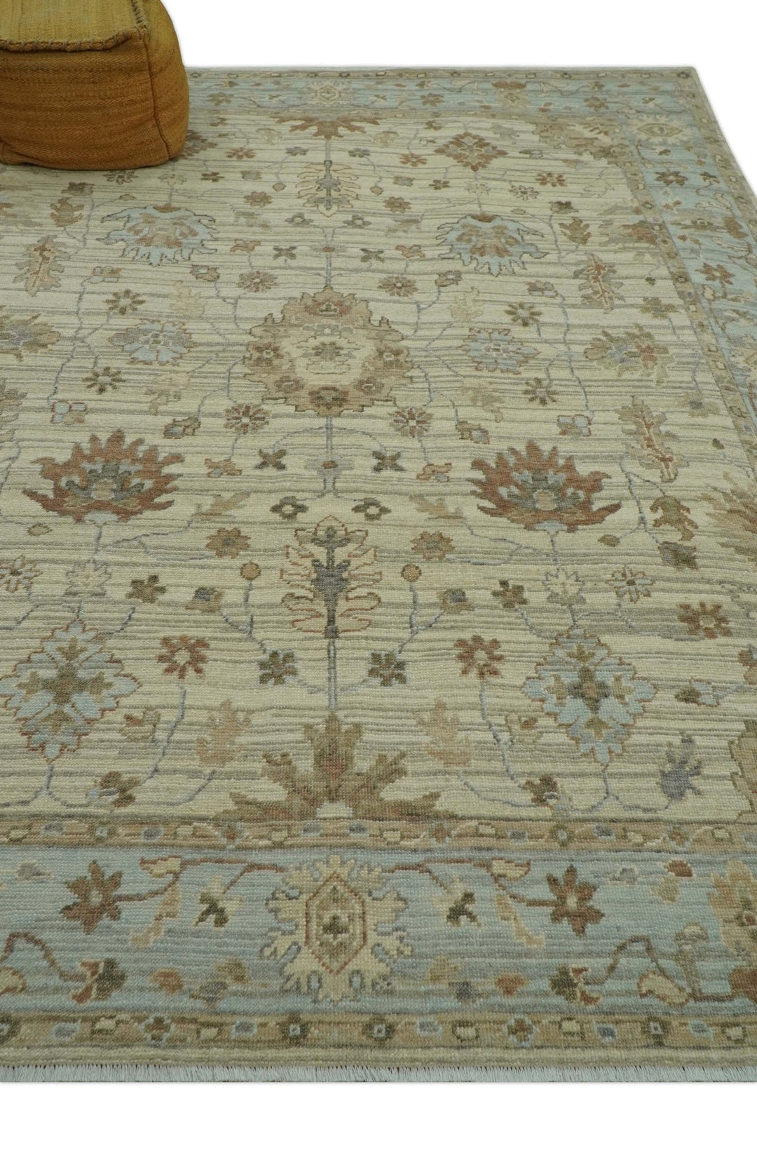 Traditional Oushak Beige, Brown And Blue Hand Knotted Custom Made Wool rug - The Rug Decor