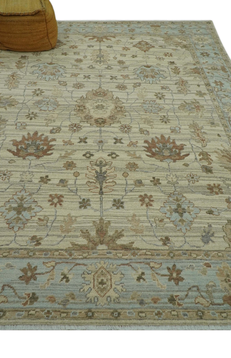 Traditional Oushak Beige, Brown And Blue Hand Knotted Custom Made Wool rug - The Rug Decor