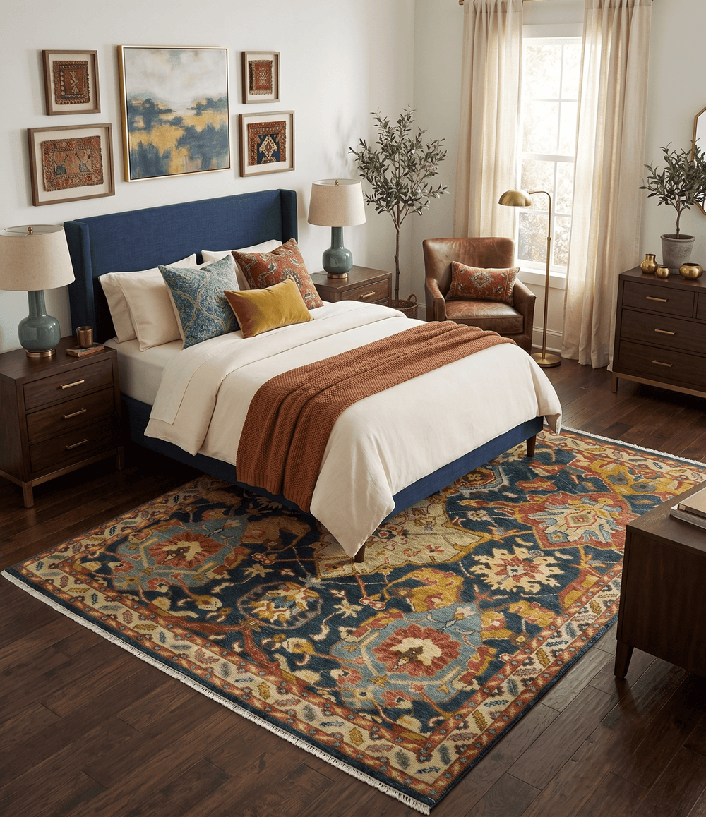 Traditional Oushak Blue and Gold Antique Style Hand knotted Custom Made Area Rug - The Rug Decor