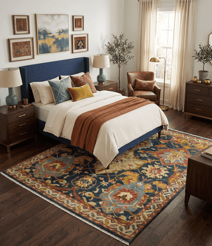 Traditional Oushak Blue and Gold Antique Style Hand knotted Custom Made Area Rug - The Rug Decor