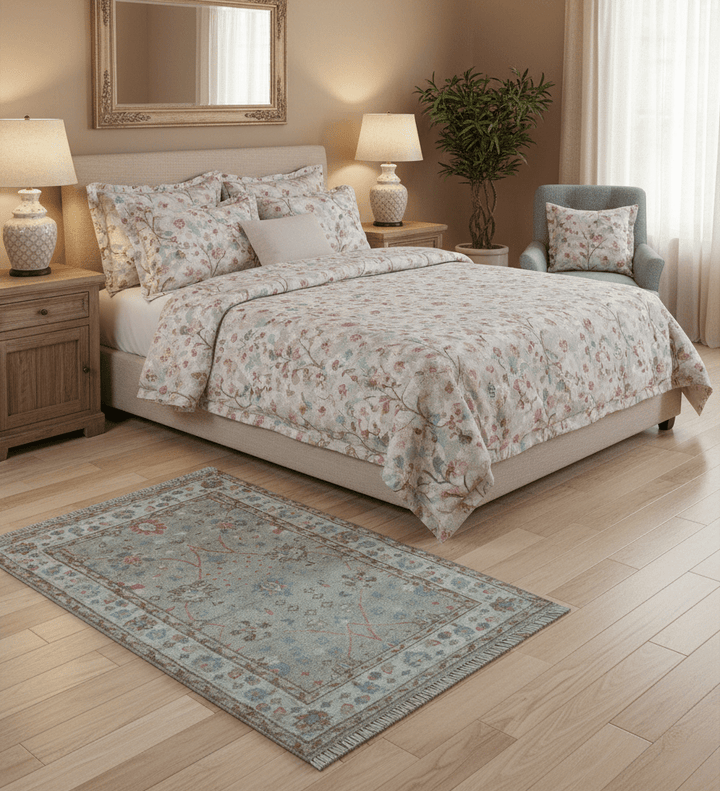 Traditional Oushak Design Beige And Blue 4x6 Hand knotted Wool Area Rug - The Rug Decor