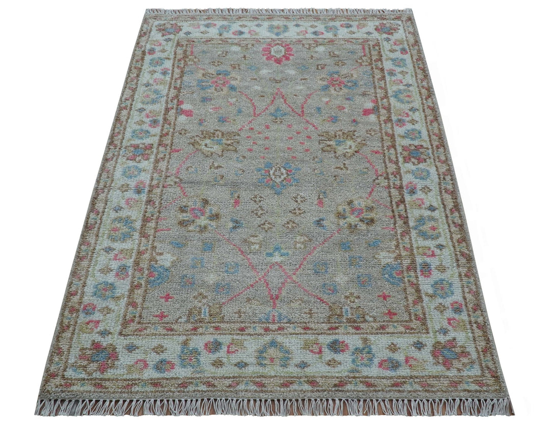 Traditional Oushak Design Beige And Blue 4x6 Hand knotted Wool Area Rug - The Rug Decor