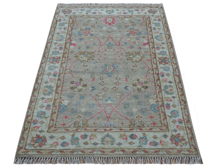 Traditional Oushak Design Beige And Blue 4x6 Hand knotted Wool Area Rug - The Rug Decor