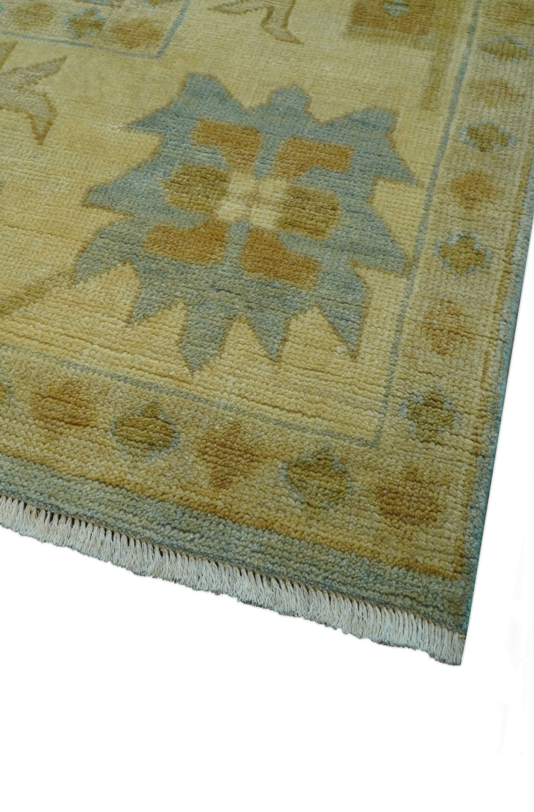 Traditional Oushak Design Beige and Blue Hand Knotted Wool Area Rug - The Rug Decor