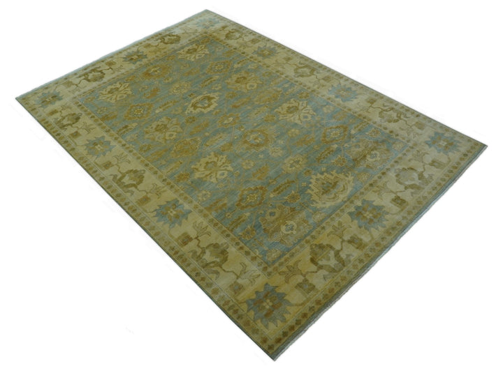 Traditional Oushak Design Beige and Blue Hand Knotted Wool Area Rug - The Rug Decor