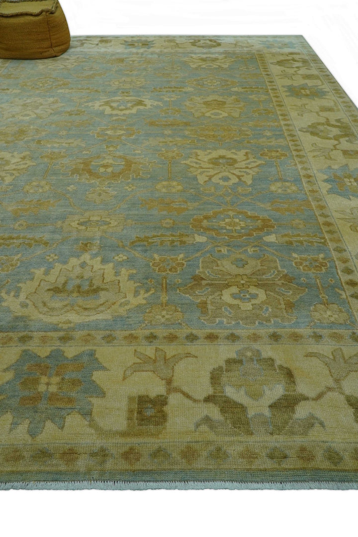 Traditional Oushak Design Beige and Blue Hand Knotted Wool Area Rug - The Rug Decor