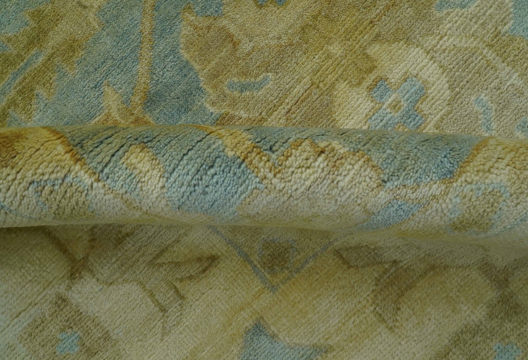 Traditional Oushak Design Beige and Blue Hand Knotted Wool Area Rug - The Rug Decor