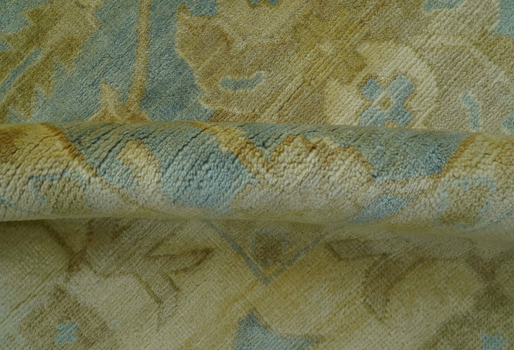 Traditional Oushak Design Beige and Blue Hand Knotted Wool Area Rug - The Rug Decor