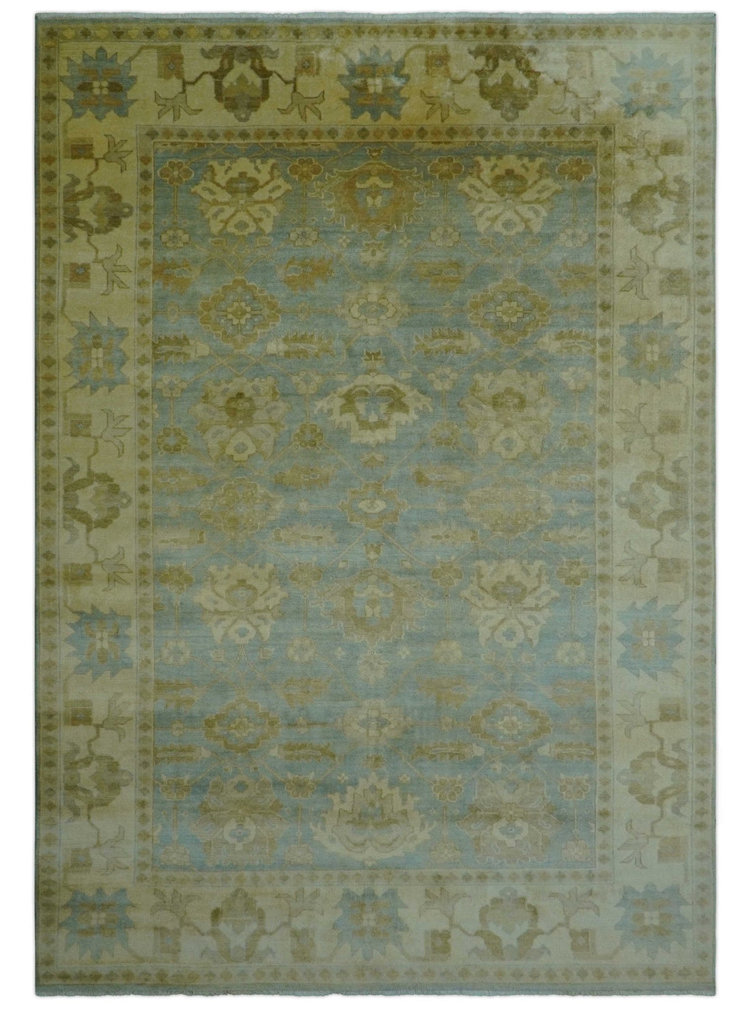 Traditional Oushak Design Beige and Blue Hand Knotted Wool Area Rug - The Rug Decor