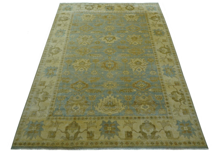 Traditional Oushak Design Beige and Blue Hand Knotted Wool Area Rug - The Rug Decor