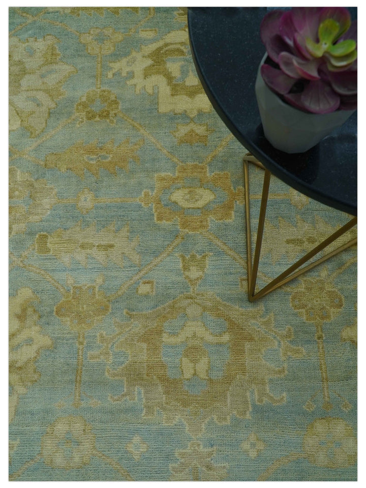 Traditional Oushak Design Beige and Blue Hand Knotted Wool Area Rug - The Rug Decor