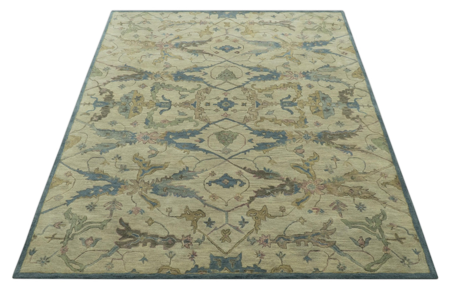 Traditional Oushak Design Beige And Blue Hand Tufted 8x10 Wool Area Rug - The Rug Decor