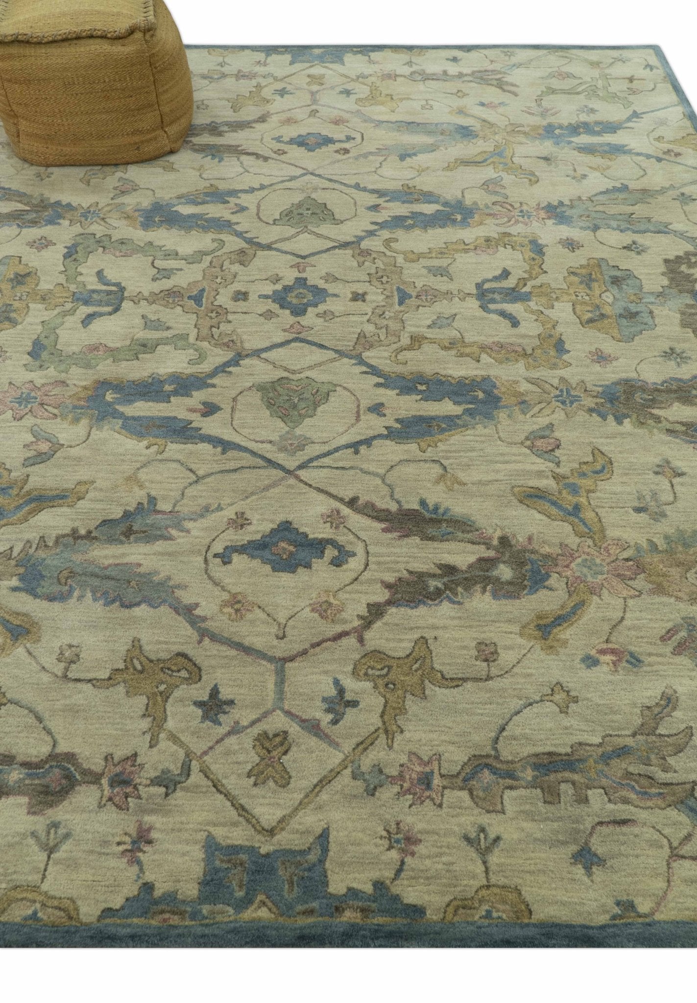 Traditional Oushak Design Beige And Blue Hand Tufted 8x10 Wool Area Rug - The Rug Decor