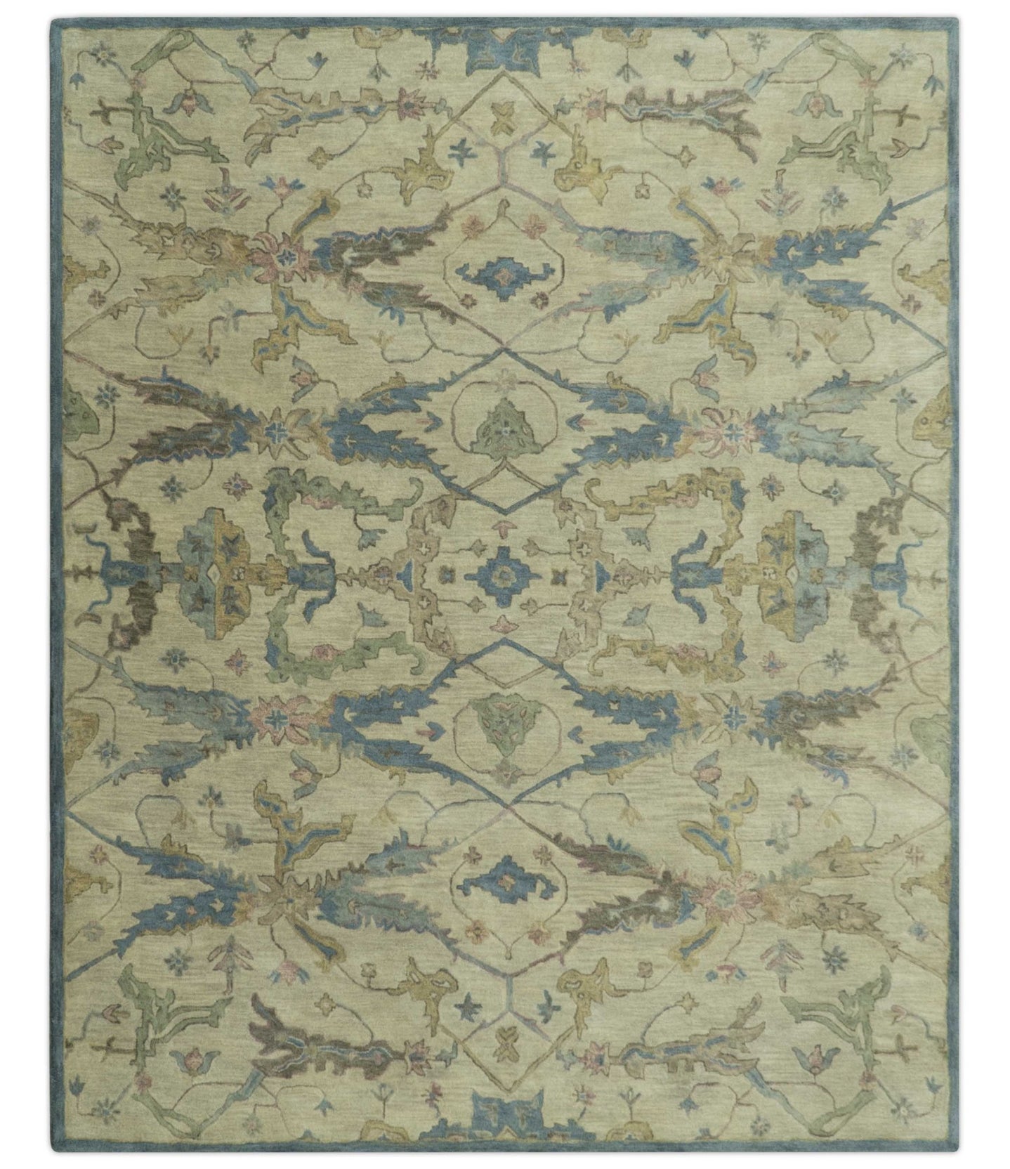 Traditional Oushak Design Beige And Blue Hand Tufted 8x10 Wool Area Rug - The Rug Decor