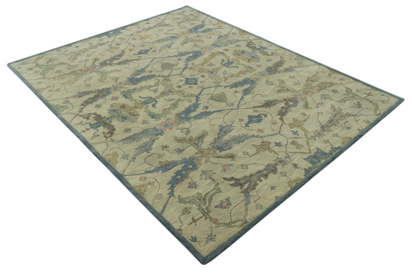 Traditional Oushak Design Beige And Blue Hand Tufted 8x10 Wool Area Rug - The Rug Decor