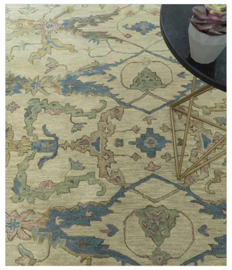 Traditional Oushak Design Beige And Blue Hand Tufted 8x10 Wool Area Rug - The Rug Decor