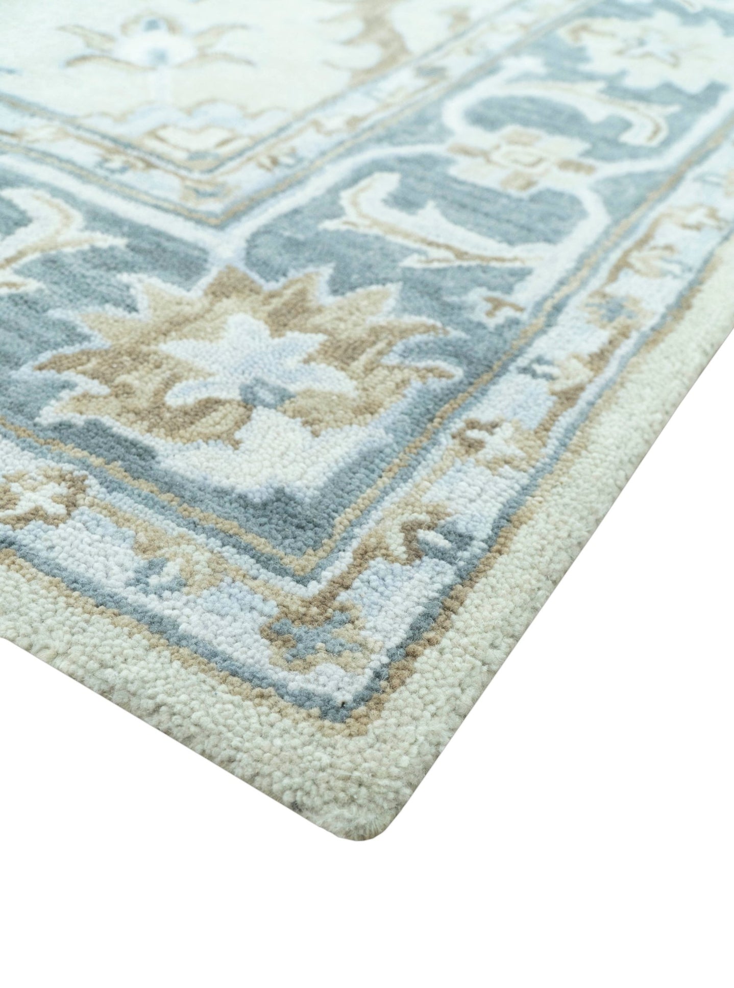 Traditional Oushak Design Beige And Blue Hand Tufted Custom Made Wool Rug - The Rug Decor