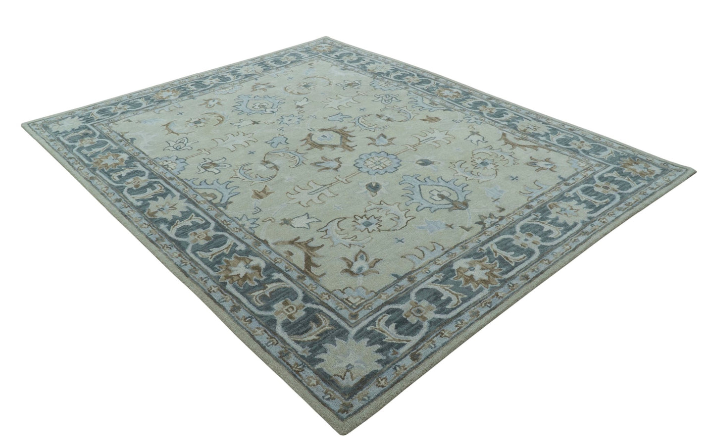 Traditional Oushak Design Beige, Blue And Silver 8x10 Hand Tufted Wool Area Rug - The Rug Decor