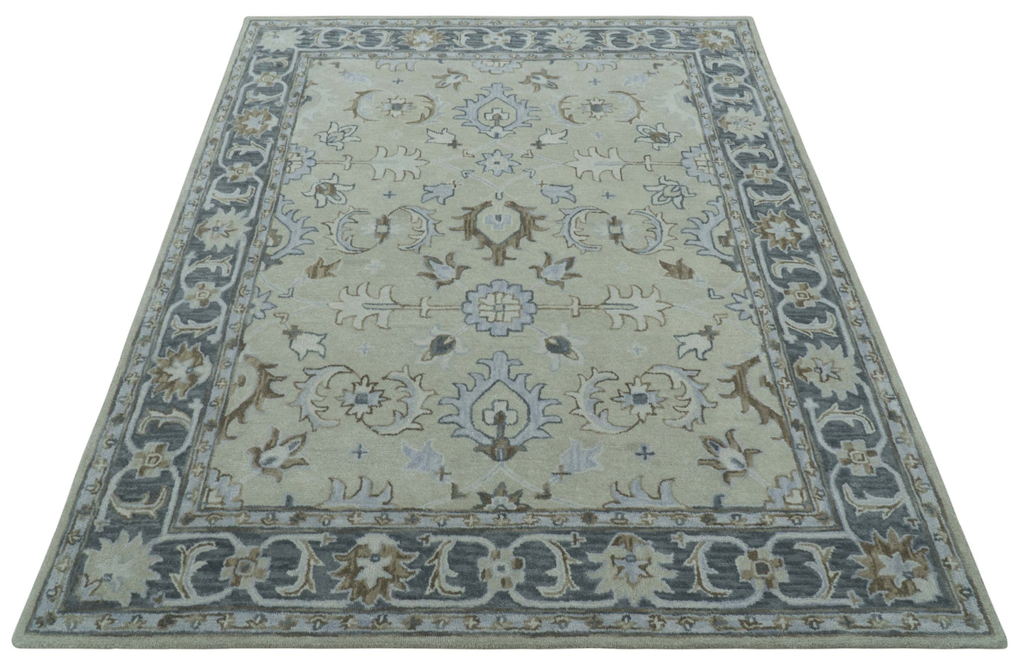 Traditional Oushak Design Beige, Blue And Silver 8x10 Hand Tufted Wool Area Rug - The Rug Decor