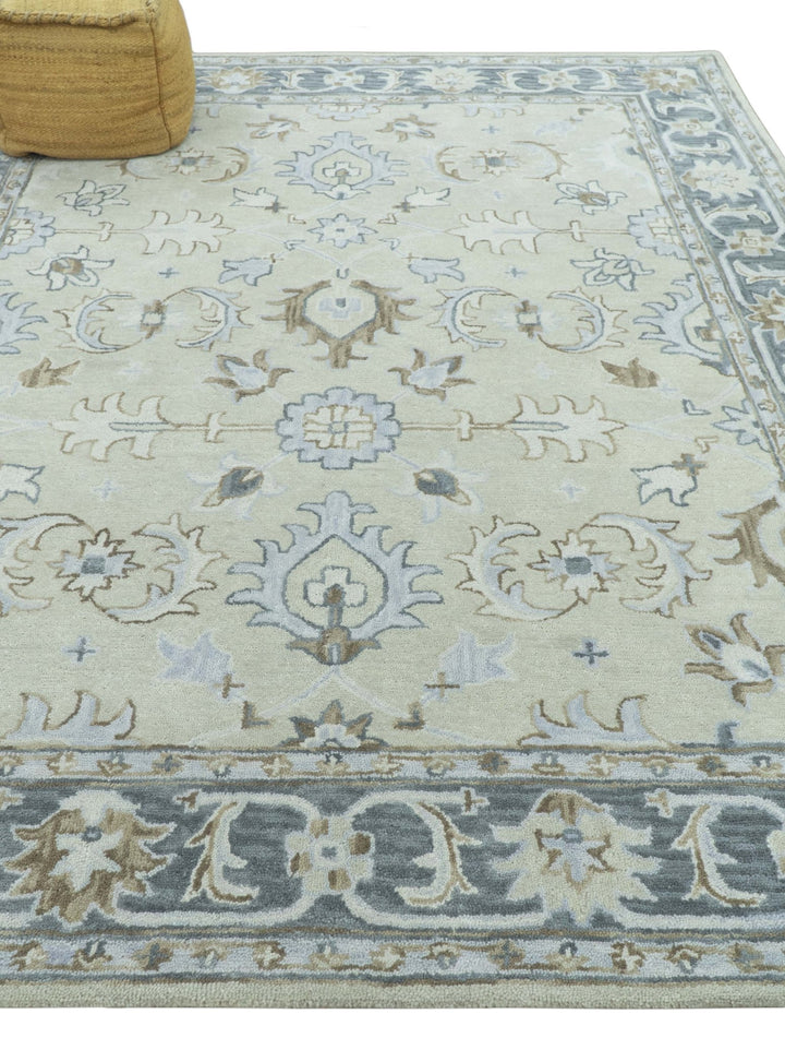 Traditional Oushak Design Beige, Blue And Silver 8x10 Hand Tufted Wool Area Rug - The Rug Decor