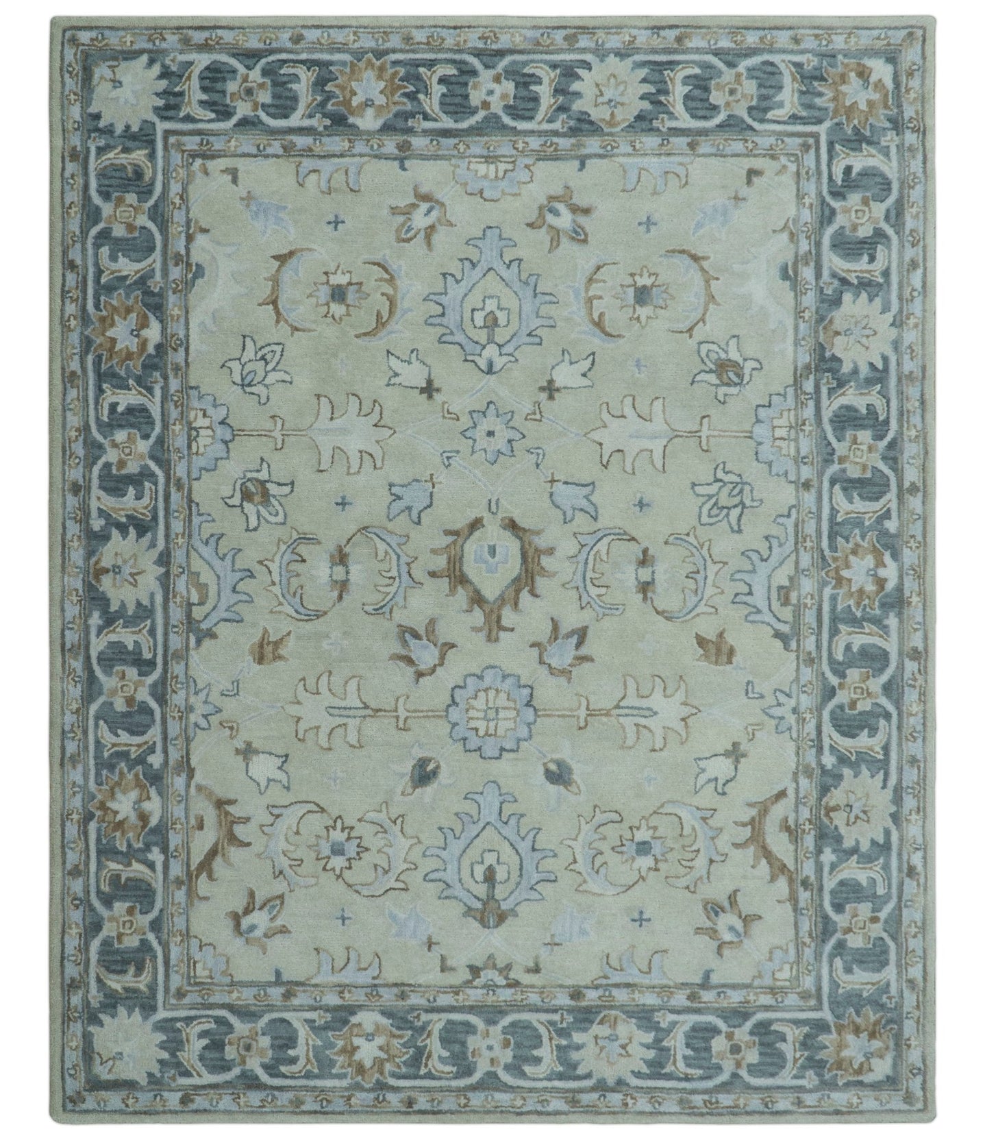Traditional Oushak Design Beige, Blue And Silver 8x10 Hand Tufted Wool Area Rug - The Rug Decor