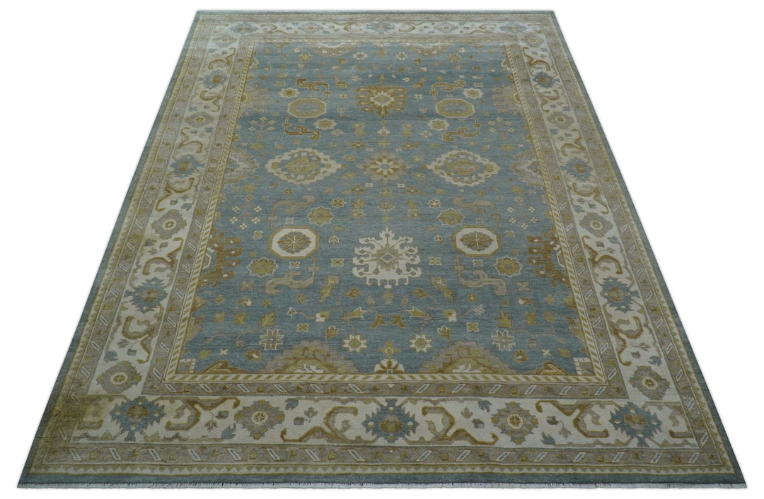 Traditional Oushak Design Blue And Beige 10x14 Hand Knotted Wool Rug - The Rug Decor