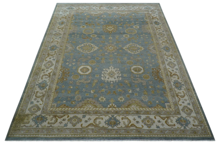 Traditional Oushak Design Blue And Beige 10x14 Hand Knotted Wool Rug - The Rug Decor