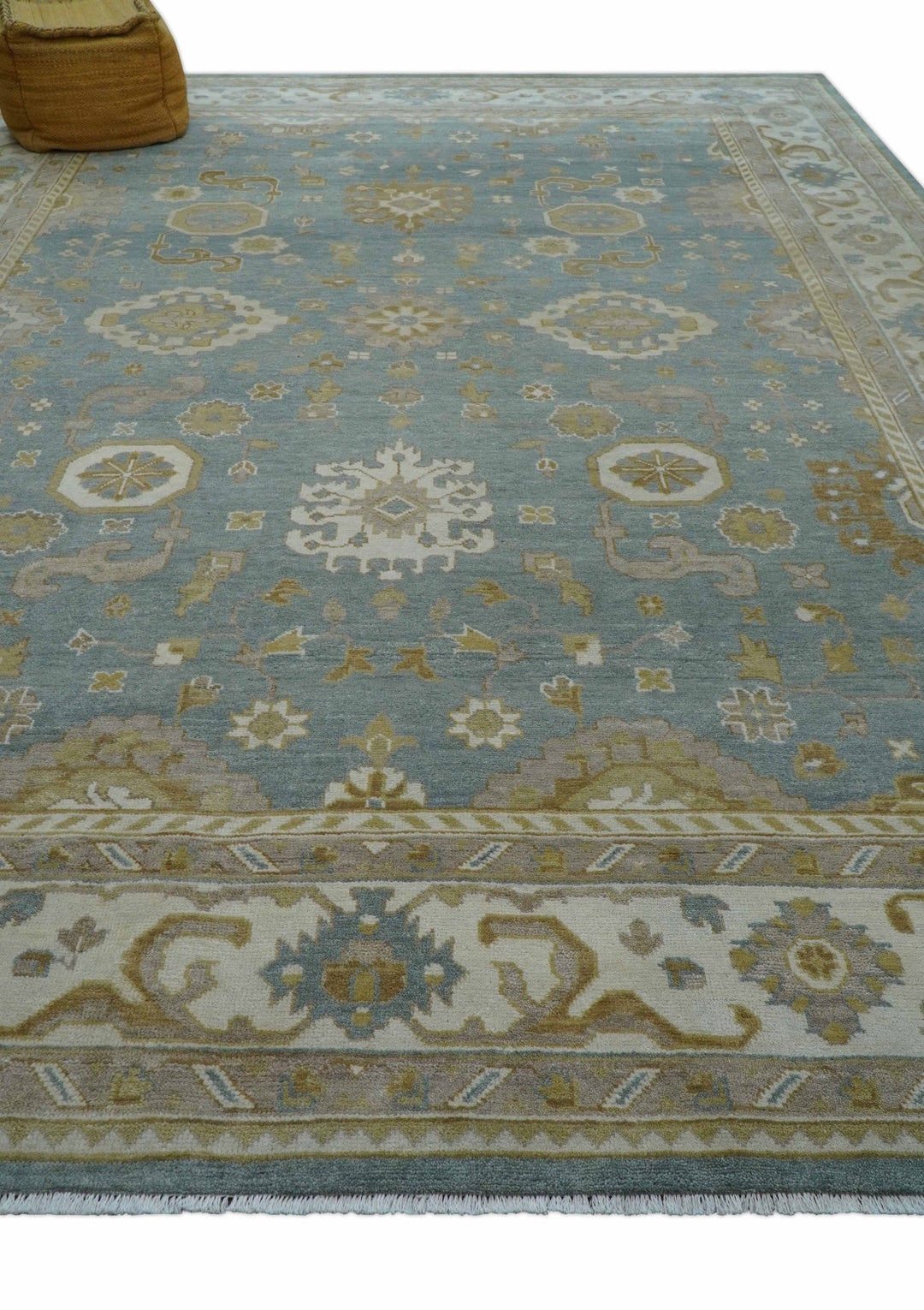 Traditional Oushak Design Blue And Beige 10x14 Hand Knotted Wool Rug - The Rug Decor