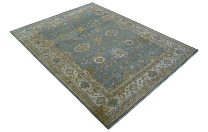 Traditional Oushak Design Blue And Beige 10x14 Hand Knotted Wool Rug - The Rug Decor