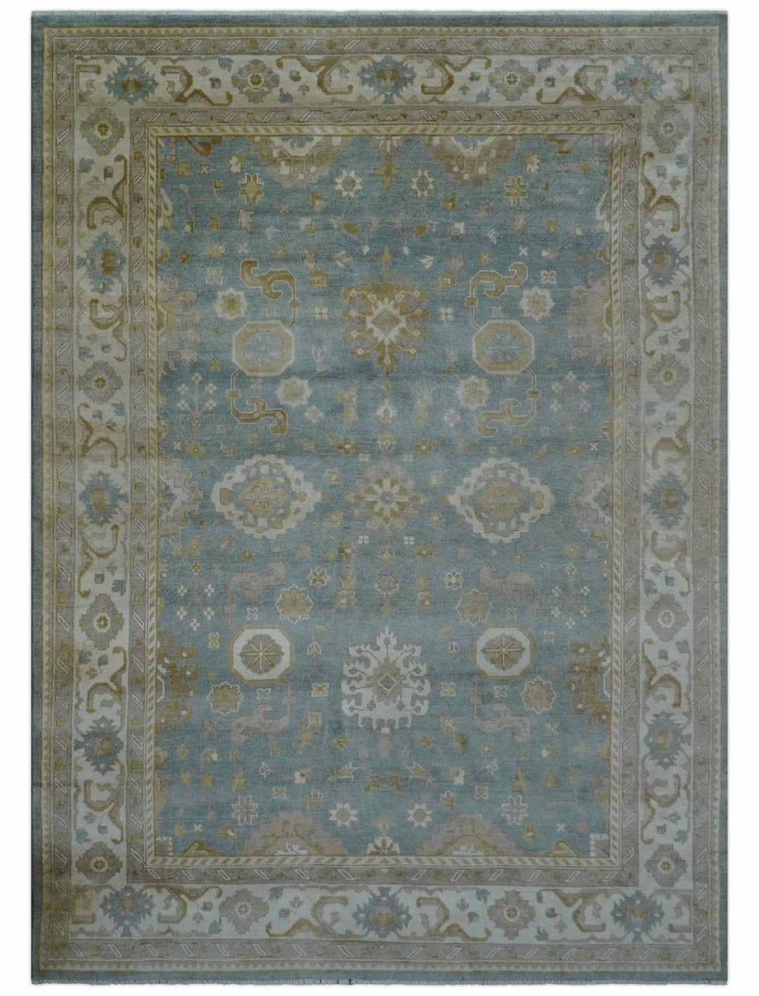 Traditional Oushak Design Blue And Beige 10x14 Hand Knotted Wool Rug - The Rug Decor