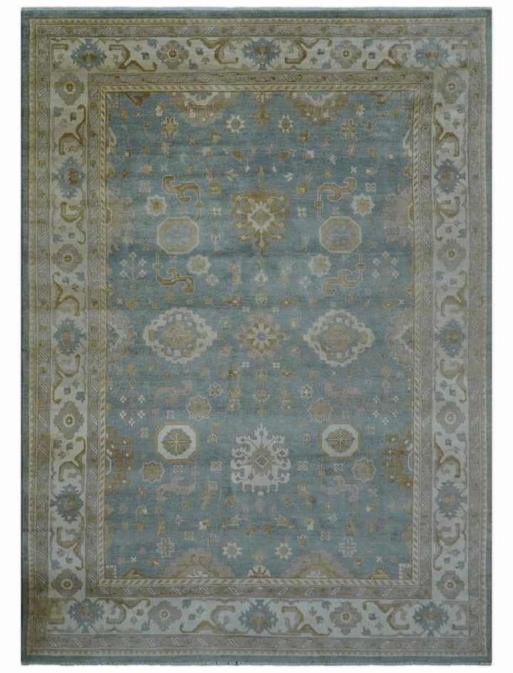Traditional Oushak Design Blue And Beige 10x14 Hand Knotted Wool Rug - The Rug Decor