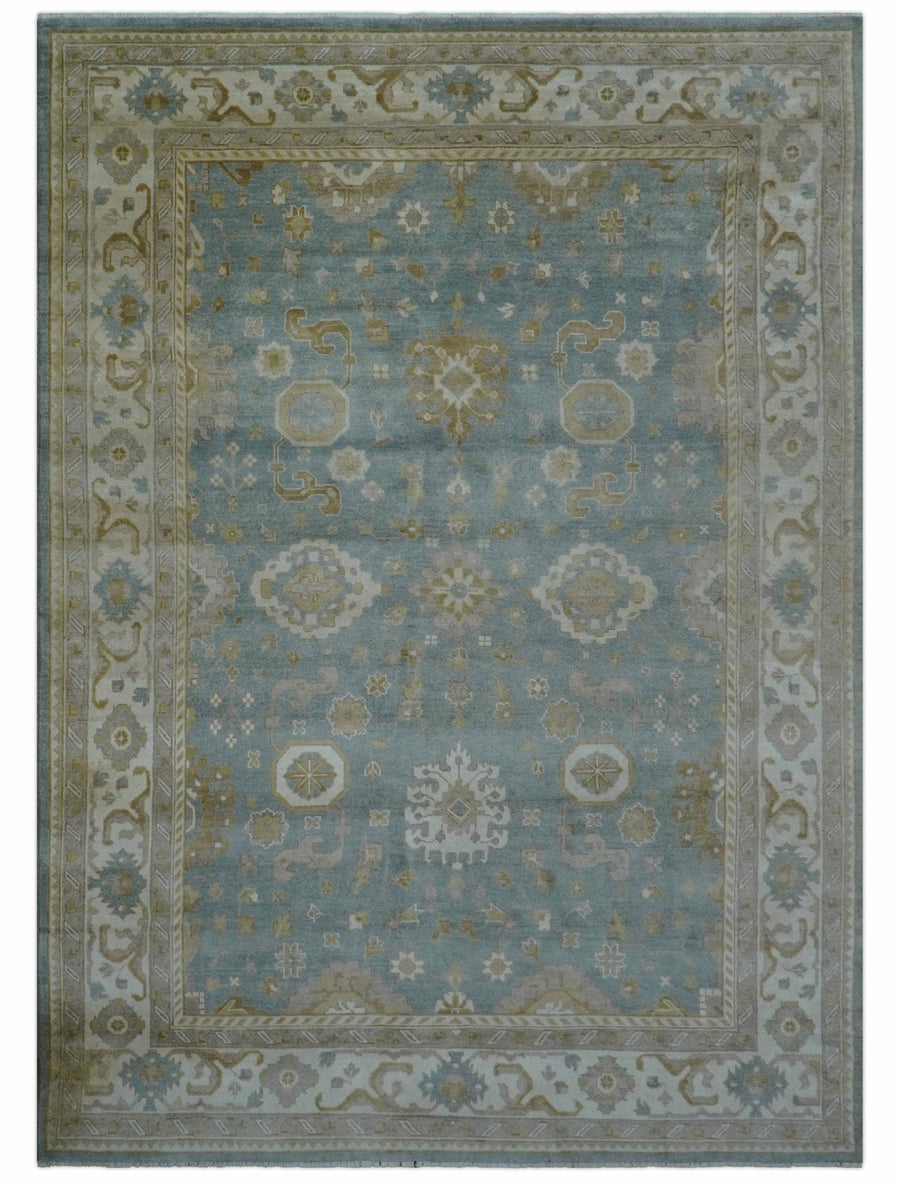 Traditional Oushak Design Blue And Beige 10x14 Hand Knotted Wool Rug - The Rug Decor