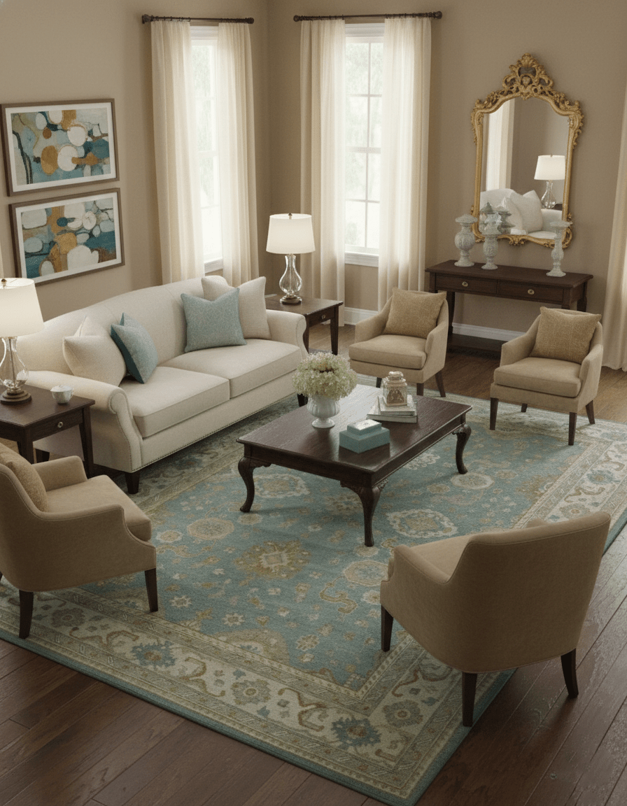 Traditional Oushak Design Blue And Beige 10x14 Hand Knotted Wool Rug - The Rug Decor