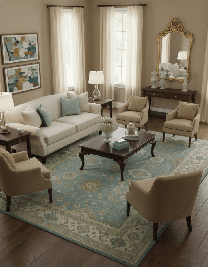 Traditional Oushak Design Blue And Beige 10x14 Hand Knotted Wool Rug - The Rug Decor