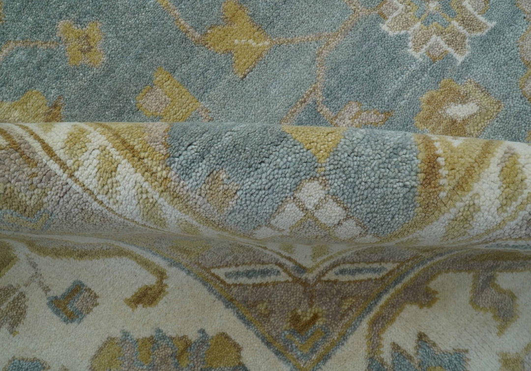 Traditional Oushak Design Blue And Beige 10x14 Hand Knotted Wool Rug - The Rug Decor