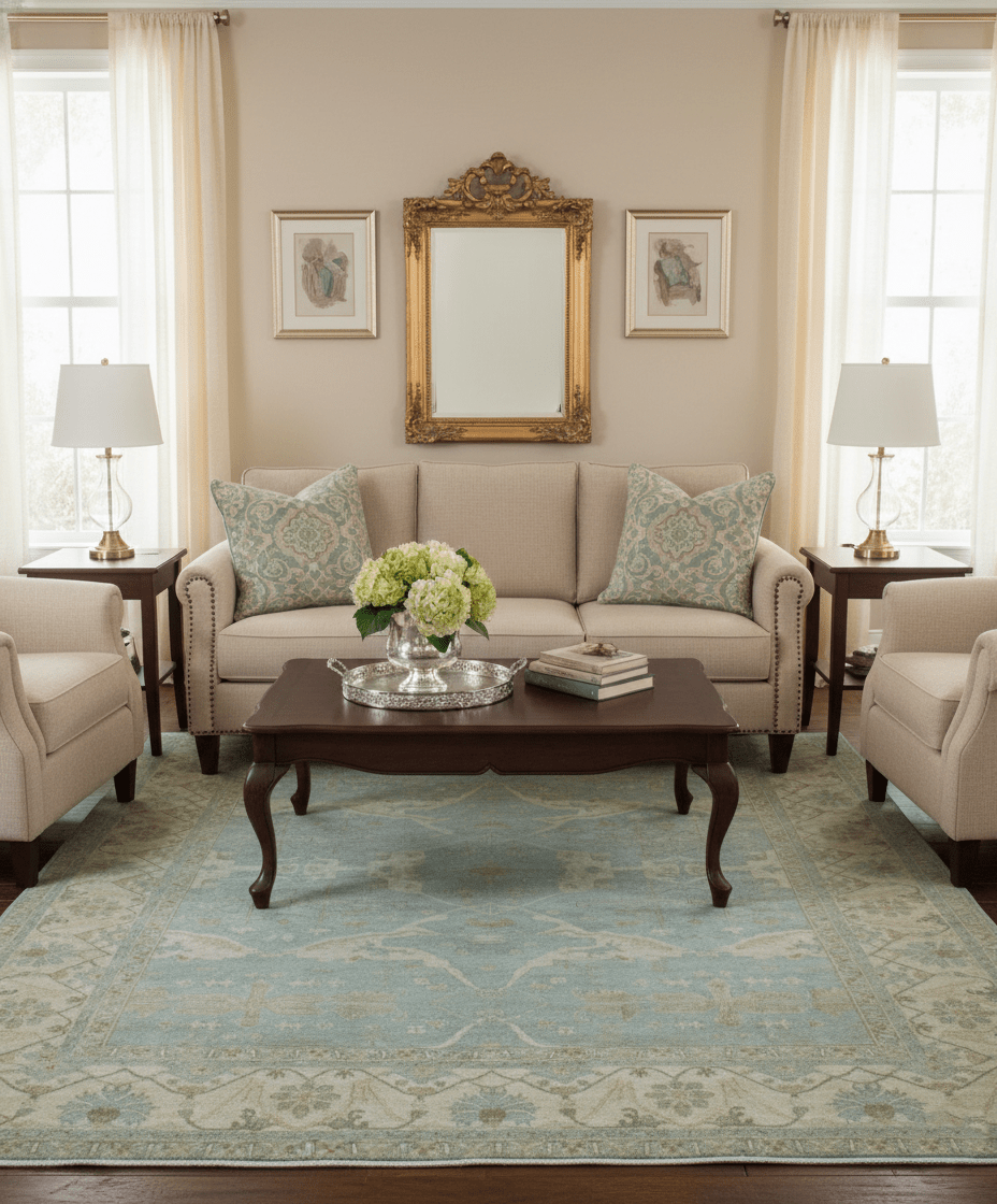 Traditional Oushak Design Blue And Beige 12x15 Hand Knotted Wool Rug - The Rug Decor