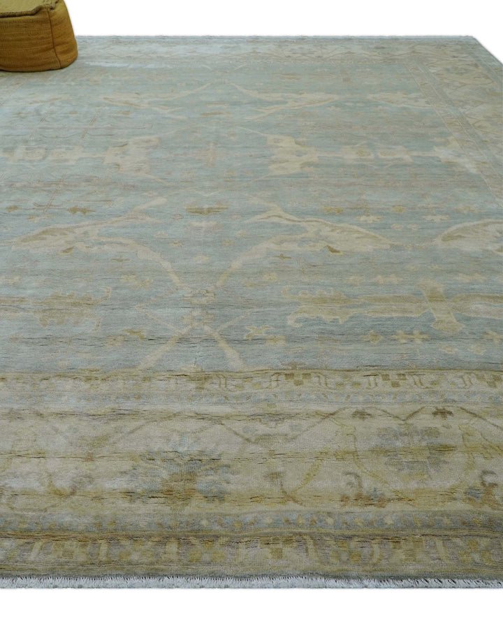 Traditional Oushak Design Blue And Beige 12x15 Hand Knotted Wool Rug - The Rug Decor
