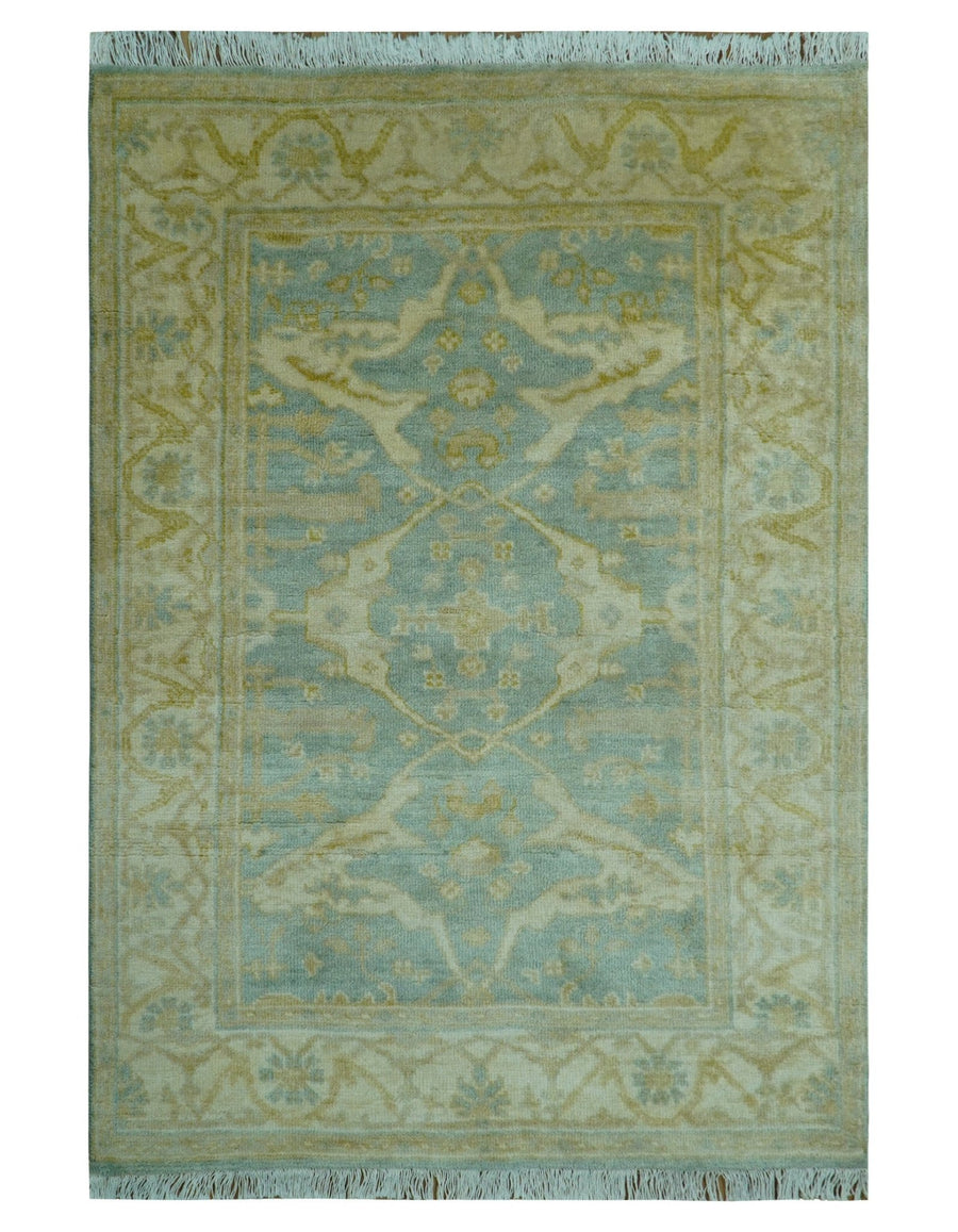 Traditional Oushak Design Blue And Beige 4x6 Hand Knotted Wool Area Rug - The Rug Decor