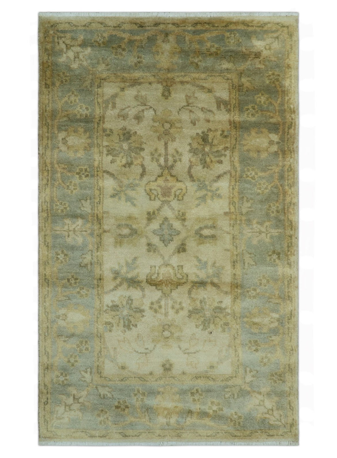 Traditional Oushak Design Blue And Beige Hand Knotted 3x5 Wool Area Rug - The Rug Decor