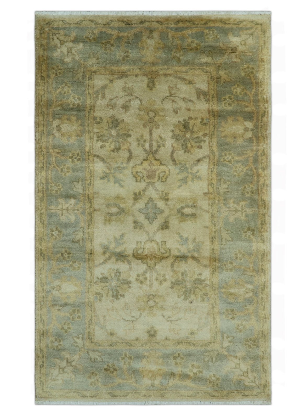 Traditional Oushak Design Blue And Beige Hand Knotted 3x5 Wool Area Rug - The Rug Decor
