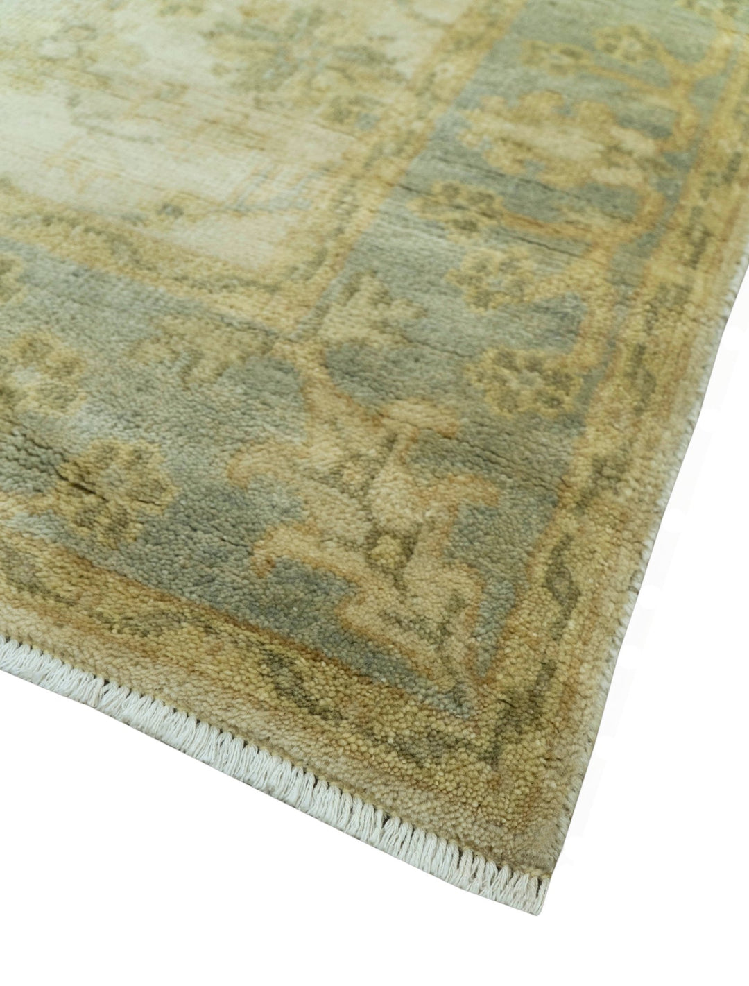 Traditional Oushak Design Blue And Beige Hand Knotted 3x5 Wool Area Rug - The Rug Decor