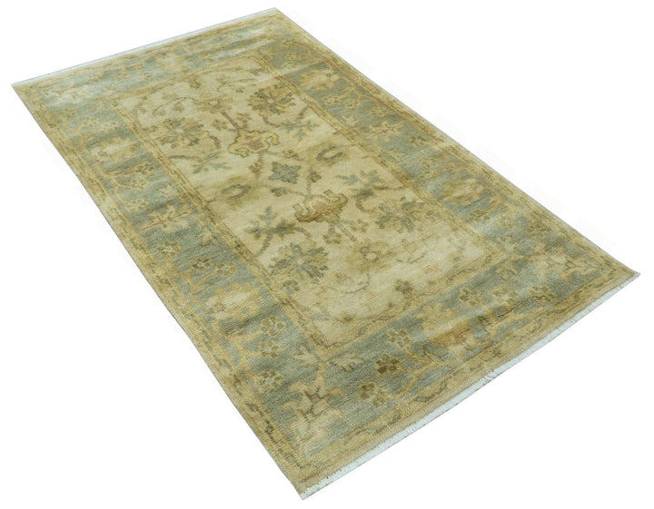 Traditional Oushak Design Blue And Beige Hand Knotted 3x5 Wool Area Rug - The Rug Decor