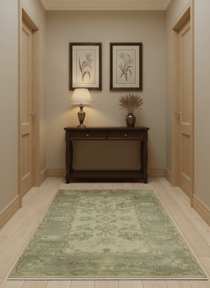 Traditional Oushak Design Blue And Beige Hand Knotted 3x5 Wool Area Rug - The Rug Decor