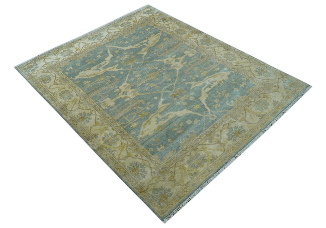 Traditional Oushak Design Blue And Beige Hand Knotted 8x10 Wool Area Rug - The Rug Decor
