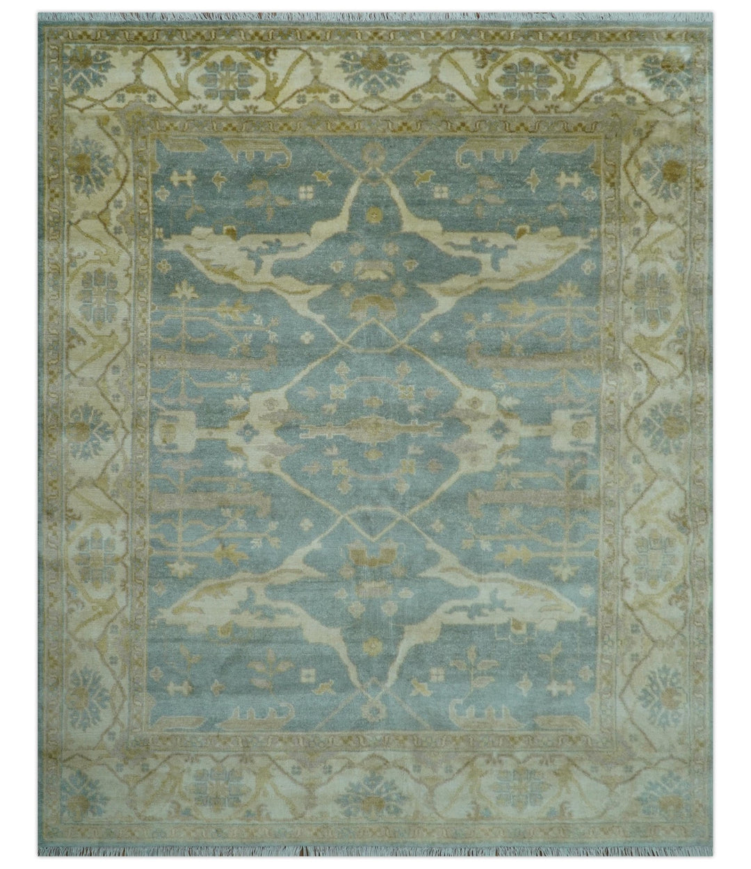 Traditional Oushak Design Blue And Beige Hand Knotted 8x10 Wool Area Rug - The Rug Decor