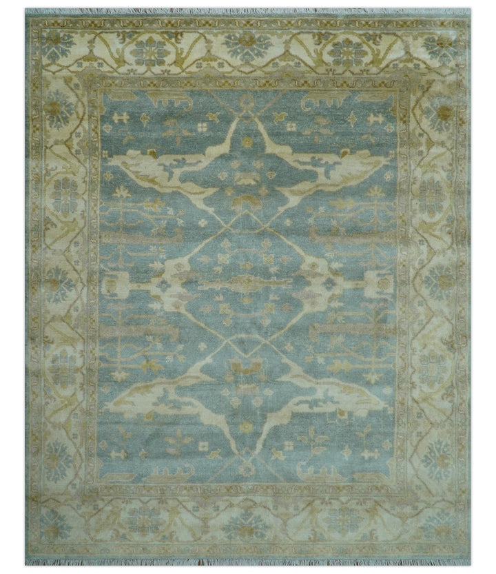 Traditional Oushak Design Blue And Beige Hand Knotted 8x10 Wool Area Rug - The Rug Decor